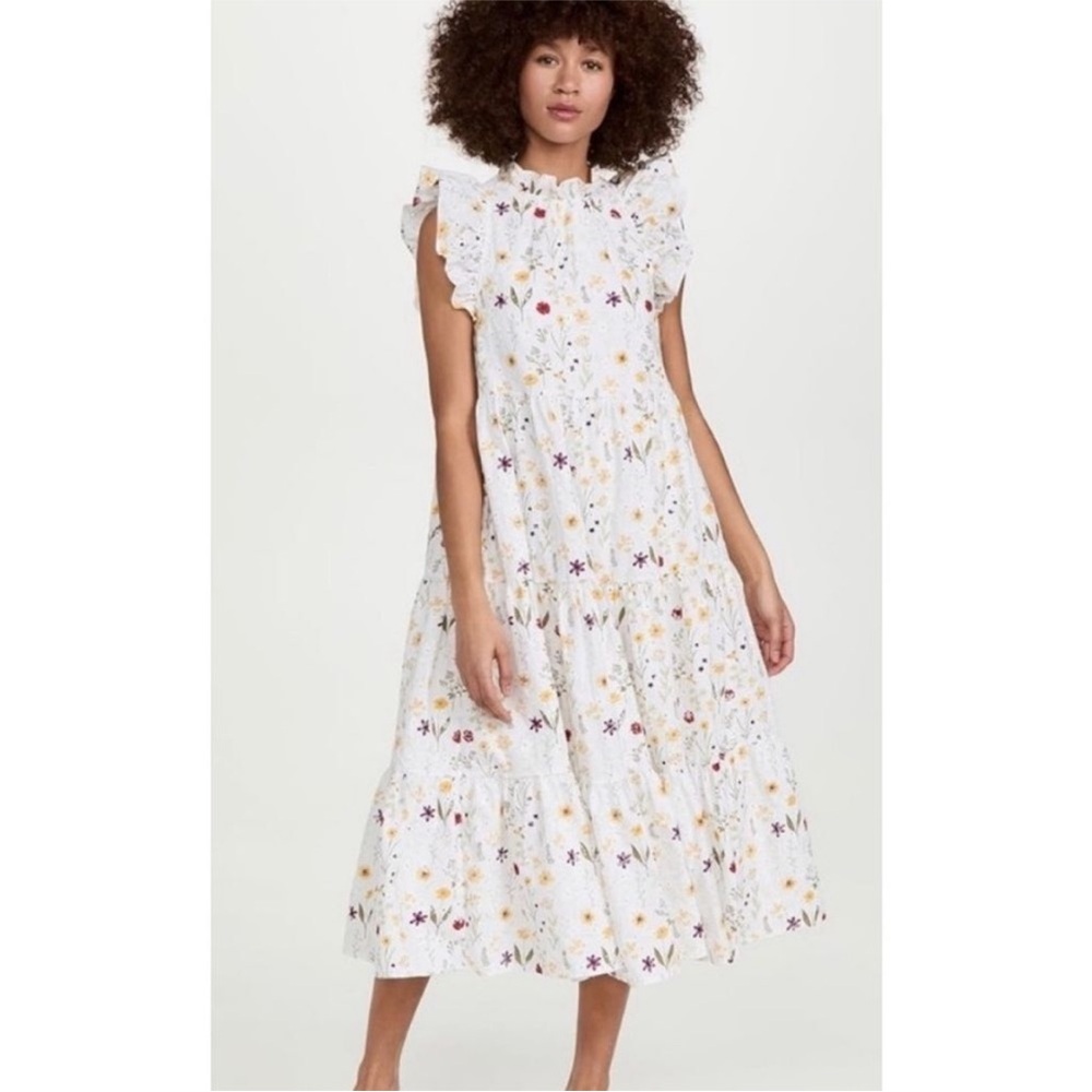 En Saison Floral Eyelet Ruffle Trim Sleeveless Tiered Midi Dress Feminine XS